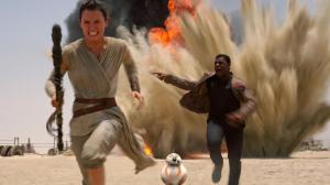 Rey (Daisy Ridley), Finn (John Boyega) and BB-8 in Star Wars Episode VII - The Force Awakens