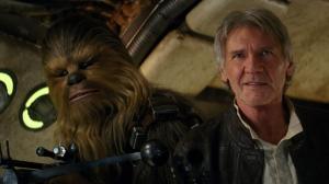 Han Solo (Harrison Ford) and Chewbacca (Peter Mayhem) back on the Falcon in Star Wars Episode VII - The Force Awakens